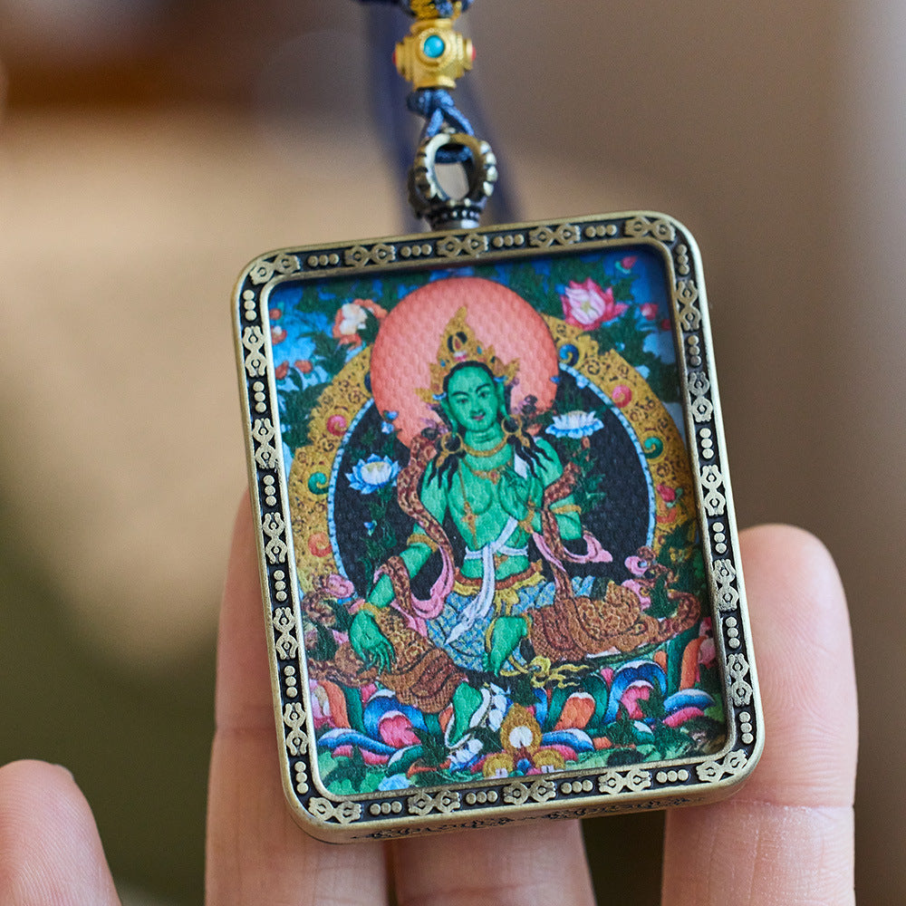 Tibetan Hand-Painted Thangka Green Tara Necklace Gau Pendant Portable Design Sense Unisex Couple Ornament