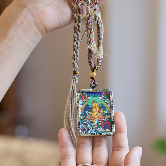 Tibetan Vintage Hand-Painted Thangka Five Wealth Gods Necklace Gau Pendant for Good Luck Unisex Collectible Ornament