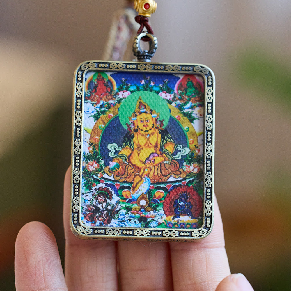 Tibetan Vintage Hand-Painted Thangka Five Wealth Gods Necklace Gau Pendant for Good Luck Unisex Collectible Ornament