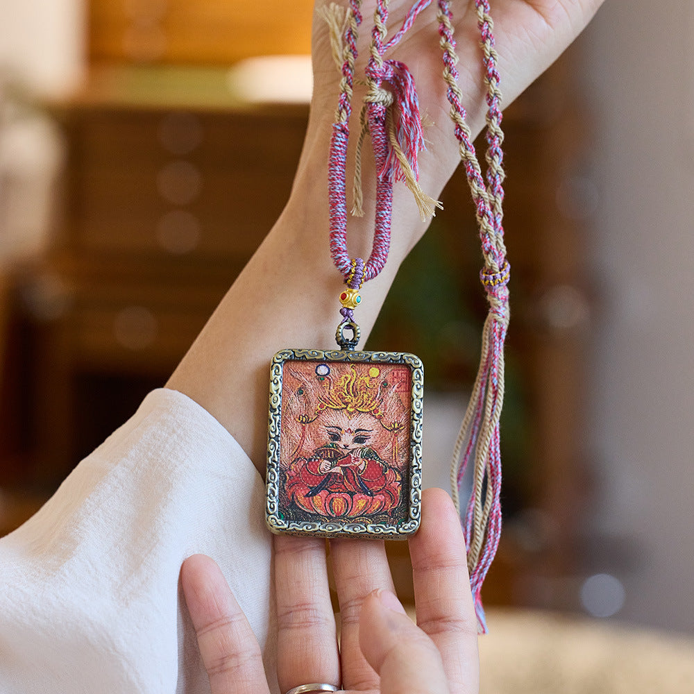 Tibetan Vintage Famous Style Hand-painted Thangka Nine-tailed Fox Necklace