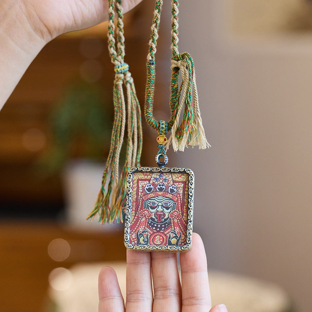 "Tibetan Zajilam Zodiac Life Buddha Hand-Painted Thangka Gau Pendant Unisex Past Life Present Life Necklace"