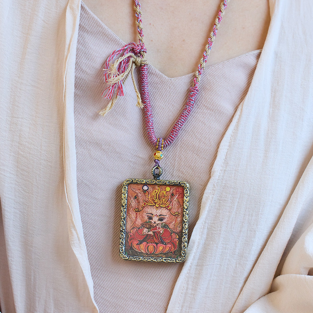 Tibetan Vintage Famous Style Hand-painted Thangka Nine-tailed Fox Necklace