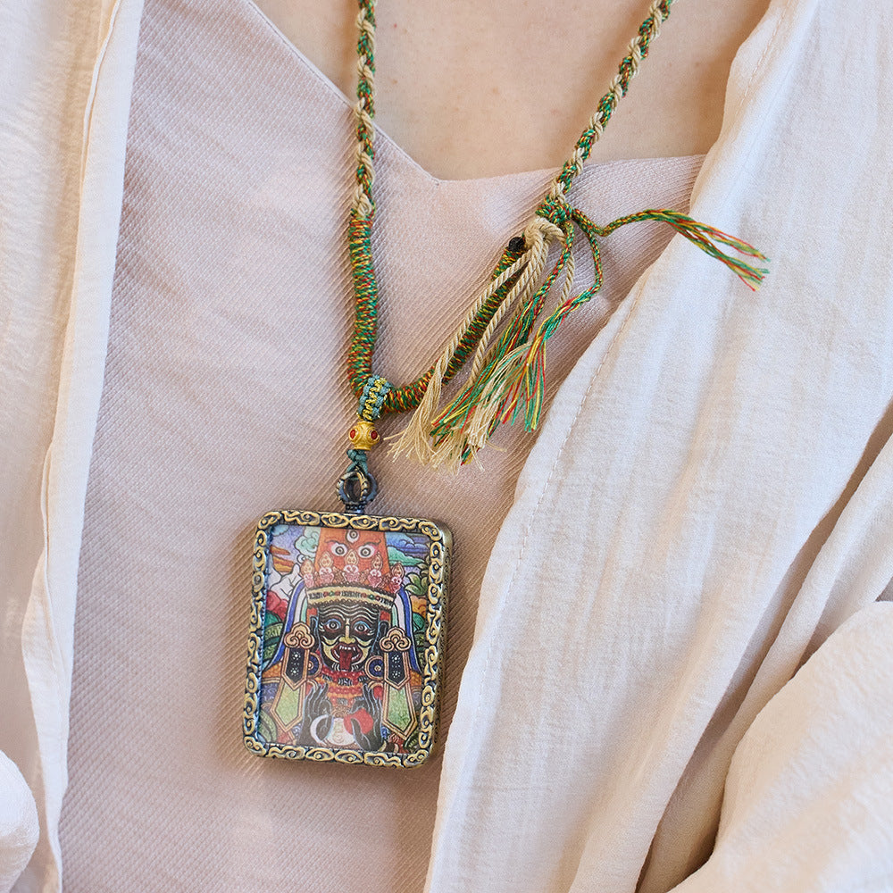 "Tibetan Zajilam Zodiac Life Buddha Hand-Painted Thangka Gau Pendant Unisex Past Life Present Life Necklace"