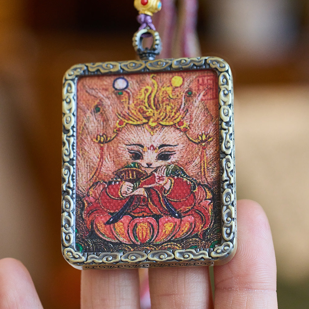 Tibetan Vintage Famous Style Hand-painted Thangka Nine-tailed Fox Necklace